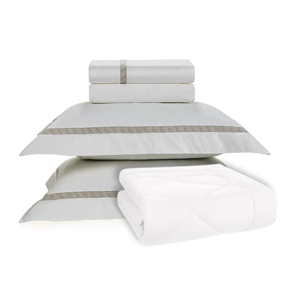Juego de sábanas de satén de 1000 hilos, 100 % algodón egipcio, color blanco Mirtina/Legno - Sábanas + Fundas de almohada + Edredón
